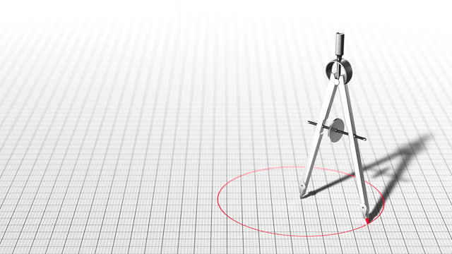 Drafting and drawing compass with red line in circle form. Engineering work tool. 3d illustration on the on white checkered sheet background.