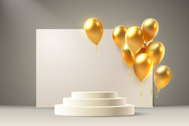 ilustrações de stock, clip art, desenhos animados e ícones de balloon golden podium present, celebrate happy birthday, gold platform banner. vector - model home house balloon sign
