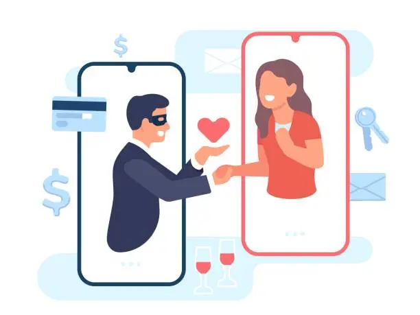 Vector illustration of Man communicates with woman on dating site in order to deceive her and take advantage of trust. Romantic smartphone app. Cyber scam. Lovers mobile chat. Fake romance. Vector concept