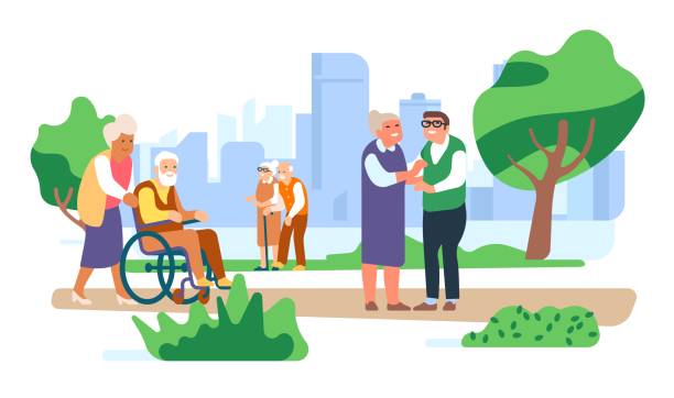 Older couples walking together in park. Happy elderly people. Seniors leisure. Disabled pensioner in wheelchair. Retired families stroll. Grandparents relax in nature. Vector concept vector art illustration