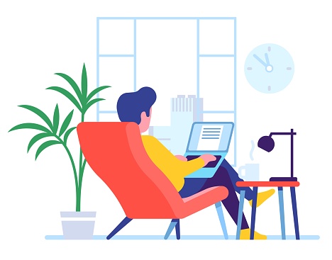Copywriter composes text. Editor typewriting article. Freelancer working at laptop. Remote online job. Copywriting blog content. Author novel edition. Male sitting in cozy armchair. Vector concept