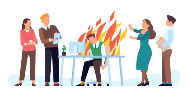 Vector illustration of Exhausted employee. Tired overworked worker burns out at work. Man sitting in fire flame. Emotion crisis. Overloaded male at computer. Office colleagues. Business failure. Vector concept