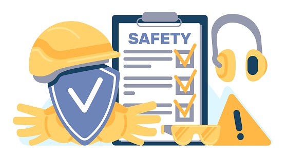 Occupational safety. Health and environmental protection. Protective helmet and glasses. Yellow gloves and headset. Labor safe. Industrial rules list. Paper document. Security shield. Vector concept