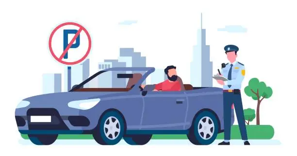 Vector illustration of Police officer issues ticket to driver for illegal parking. Transport traffic rules violation. Prohibited road sign. Automobile stop regulation penalty. City transportation. Vector concept