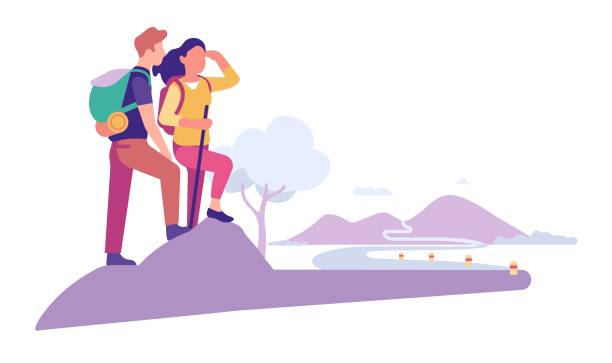 ilustrações de stock, clip art, desenhos animados e ícones de young couple plan travel itinerary. man and woman look off into distance. hiking tourism. tourists planning journey route. mountain trekking. travelers with backpacks. vector concept - road street hill landscape