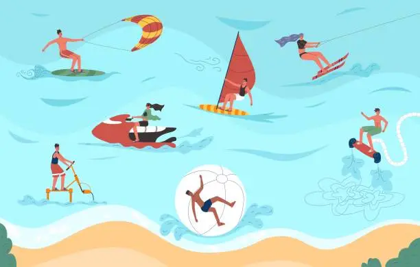Vector illustration of Different sea sports. People relaxing on beach. Summertime active leisure. Summer water or underwater entertainment. Seashore holiday. Extreme windsurfing or flyboarding. Vector concept