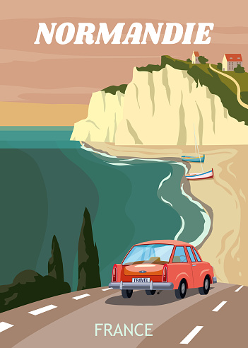 Travel poster Normandie France, vintage car road trip seascape rock cliff seashore landscape. Retro card, illustration, vector, postcard
