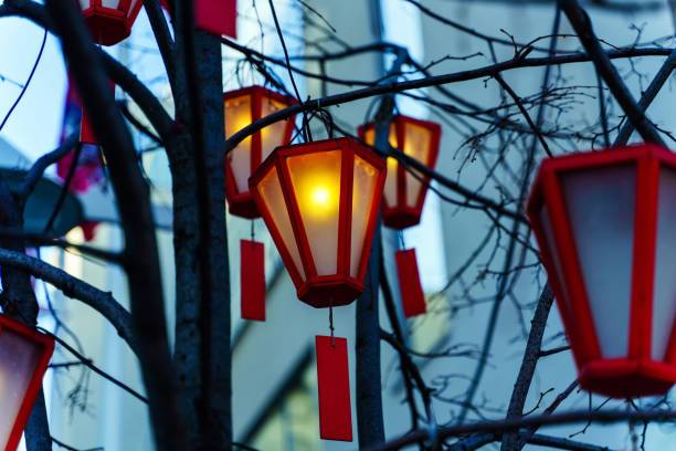 istock Red oriental lanterns with signs hanging on a tree 1463177880