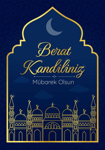 Muslim holiday Berat Kandili. Vector concept of Islamic holy night. Translation islamic holy night. Card with a linear golden silhouette of the mosque. Vector on dark blue background Muslim holiday Berat Kandili. Vector concept of Islamic holy night. Translation islamic holy night. Card with a linear golden silhouette of the mosque. Vector on dark blue background. berat stock illustrations