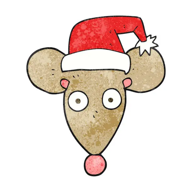 Vector illustration of freehand textured cartoon mouse in christmas hat