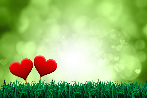 Valentines week special illustration idea. Hearts is standing on nature grass background. Empty Space.