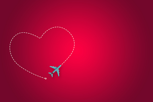 Valentines week special illustration idea. Airplane make heart shape with their route. Empty Space.