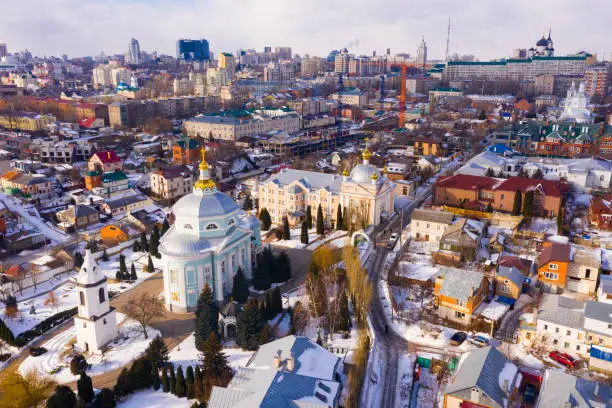 Aerial view of the Alekseevo-Akatov monastery and old residential quarters in winter in Voronezh, Russia.