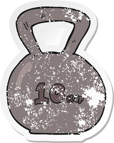 retro distressed sticker of a cartoon 10kg kettle bell weight