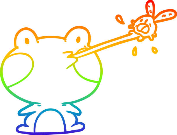 illustrations, cliparts, dessins animés et icônes de dessin au trait de dégradé arc-en-ciel d’une jolie grenouille attrapant une mouche avec la langue - frog animal tongue animal eating