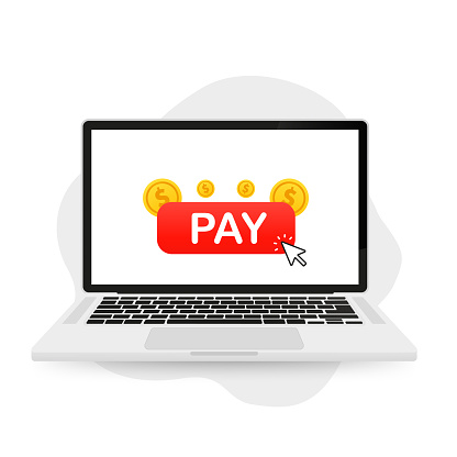 Checkout button with laptop screen and cursor click on Checkout Now button on laptop. flat style modern graphic trend. The concept of 24/7 payment service for shopping or retail. Vector illustration