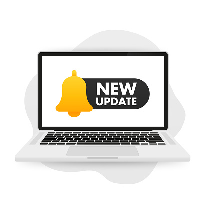 Round label with text, new update. New update with bell. Modern notification banner. Announcement of a new update on the laptop. Vector illustration