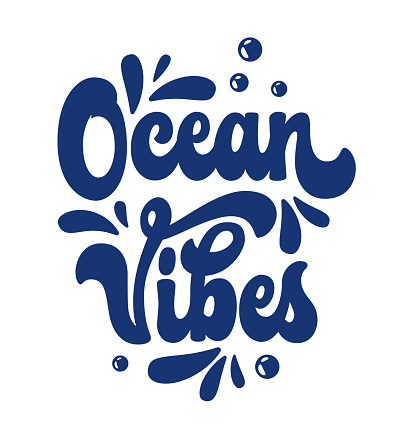 Stylish 70s groovy script lettering design, hand-drawn modern illustration - Ocean vibes. Eco, sea and ocean pollution, summer vacations, sea life themed isolated vector typography.