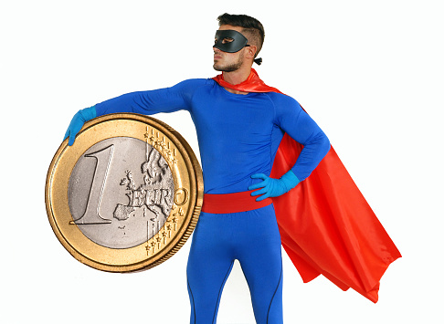 Super hero holding the euro coin on protection concept.