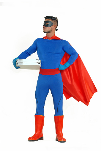 Super hero holding pizza box on fast delivary concept.