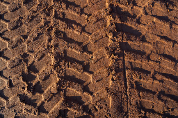 Sand with tire tracks from a wheel loader Brown sand with tire tracks from the wheel loader earthwork stock pictures, royalty-free photos & images