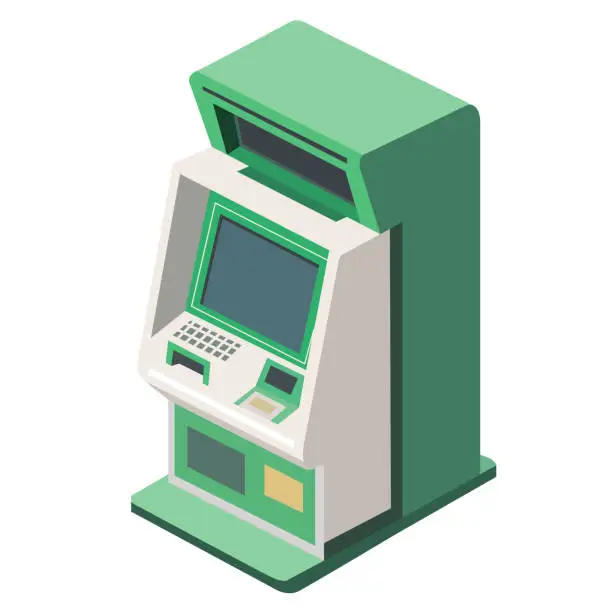 Vector illustration of green ATM with cash withdrawal screen. flat vector illustration.