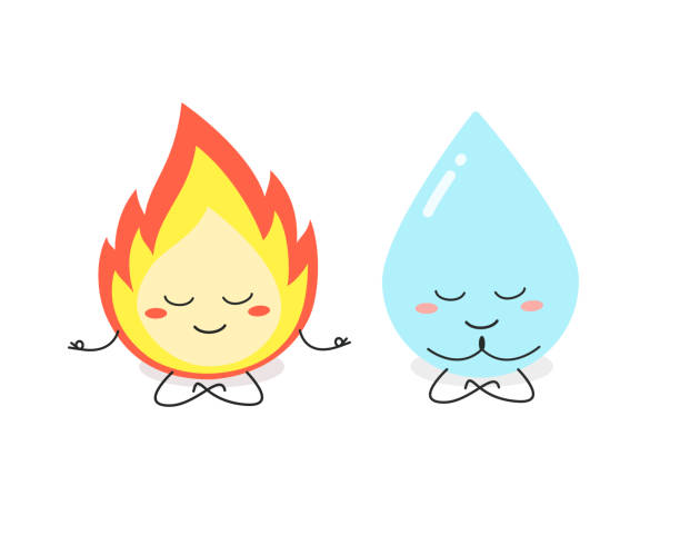 lustige cartoon-feuerflamme und wassertropfen meditieren - condensation smiley face water raindrop stock-grafiken, -clipart, -cartoons und -symbole