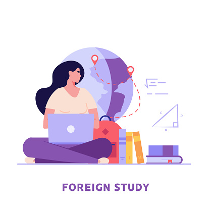 Foreign student learning in international high school. Concept of foreign study, global education, student exchange program, educational tourism. Vector illustration in flat design for web banner