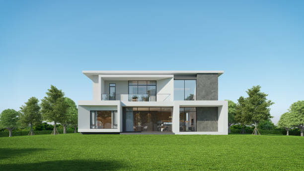 istock Modern house exterior day light with lawn grass.3d rendering 1463217616
