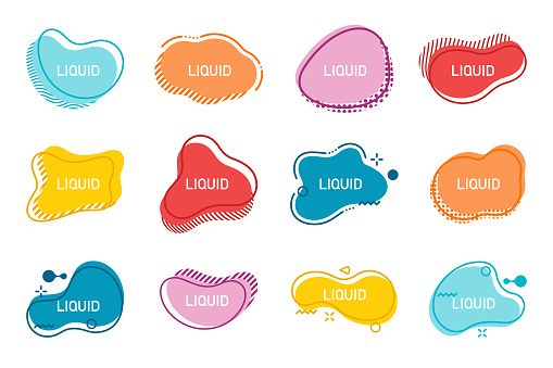 Set of 12 abstract graphic liquid elements in memphis style. Dynamical waves colored fluid shapes. Isolated banners with flowing liquids. Template for the design of a flyer or presentation. Abstract blotch shape. Liquid shape elements.
