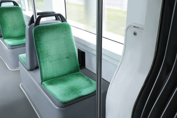 istock Public transport interior with comfortable green seats 1463219649