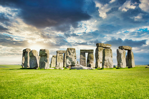 Landscape view of Stonehenge, a prehistoric stone monument in Salisbury, Wiltshire, England, United Kingdom