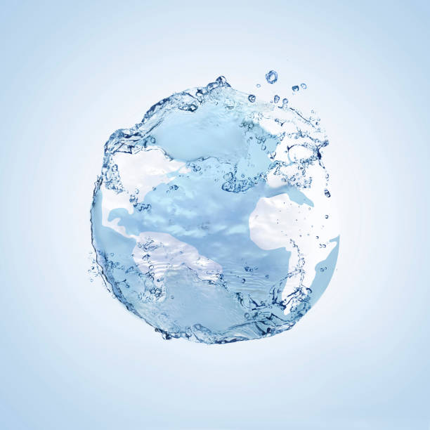 istock Sphere made of water splashes on light blue background 1463222411
