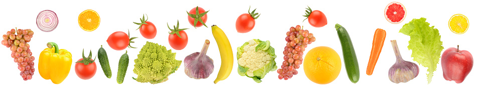 Healthy fruits and vegetables isolated on white background.