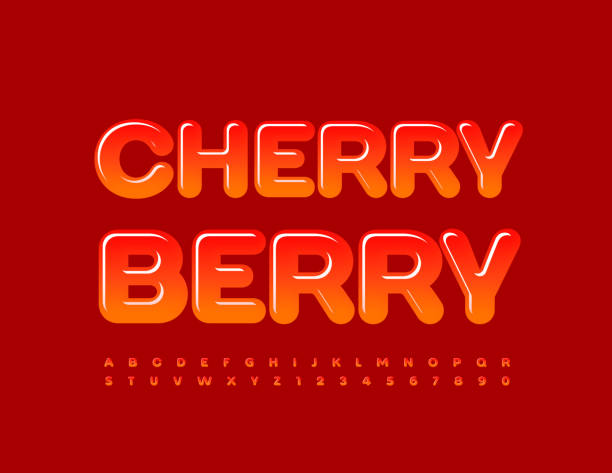 ilustraciones, imágenes clip art, dibujos animados e iconos de stock de vector creativo signo cherry berry. conjunto de letras y números del alfabeto brillante - juicy