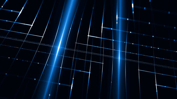 istock Abstract Futuristic Navy Blue Grid Fiber Optic Laser LED String Light Pixel Technology Connection Communication Pattern Cable Tube Teal Neon Shiny Black Background Wire Mesh Fluorescent Fractal Fine Art 1463223952