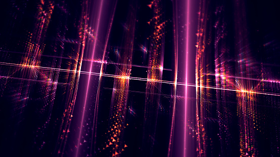 Abstract Futuristic Technology Neon Light Leak Sparks Connection Internet Big Data Glitch Background Prism Cable Noise Social Media Surreal Purple Hot Pink Gold Orange Grid Pattern Striped Arrow Pixelated Reflection Ideas Confetti Inspiration Fractal Art for banner, flyer, card, poster, brochure, presentation