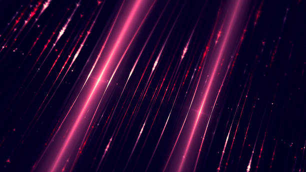 抽象的な未来的な紫色のホットピンクの赤い光ファイバー矢印レーザーLEDストリングライトテクノロジー接続通信パターンケーブルパイプチューブマゼンタネオンメタリックシャイニーブラ�