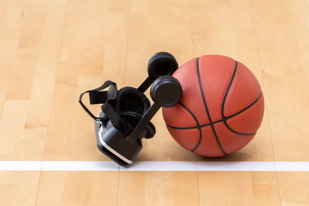 istock Interactive glasses and basketball ball in a physical education lesson. Horizontal interactive sport theme poster, greeting cards, headers, website and app 1463226692