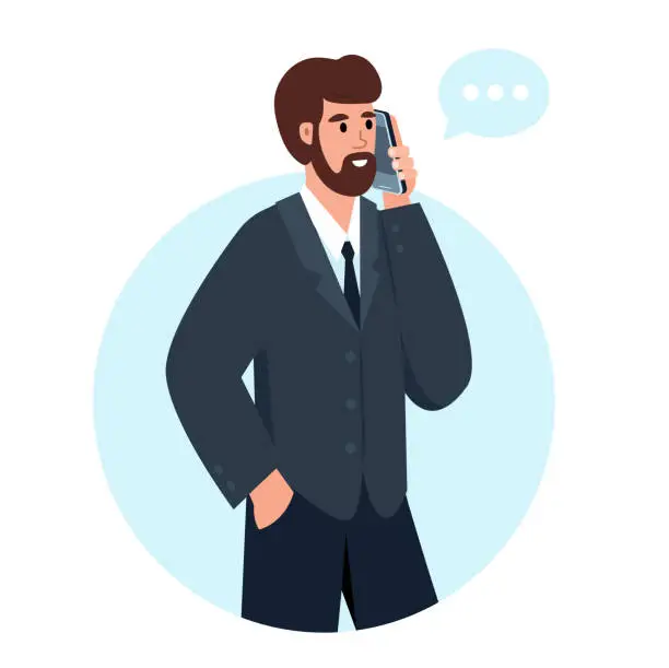 Vector illustration of Young businessman or manager talking on the phone. Smiling man in suit using mobile phone.