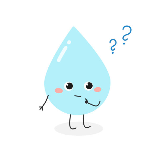 Cute confused cartoon waterdrop with question marks Cute confused cartoon water drop character with question marks. Vector flat illustration isolated on white background water thinking bubble drop stock illustrations