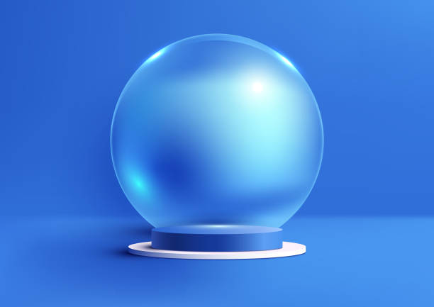 istock 3D realistic empty blue and white cylinder level podium pedesta stand with circle sphere glass ball transparency backdrop 1463228403