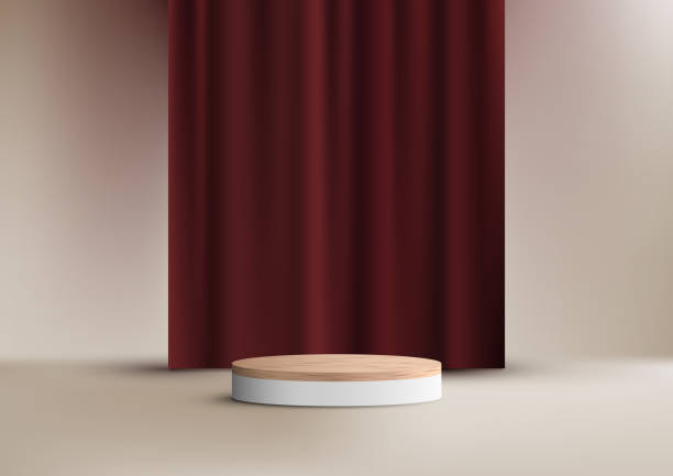 istock 3D realistic luxury style empty wood grain top of white podium cylinder shape product display 1463228420
