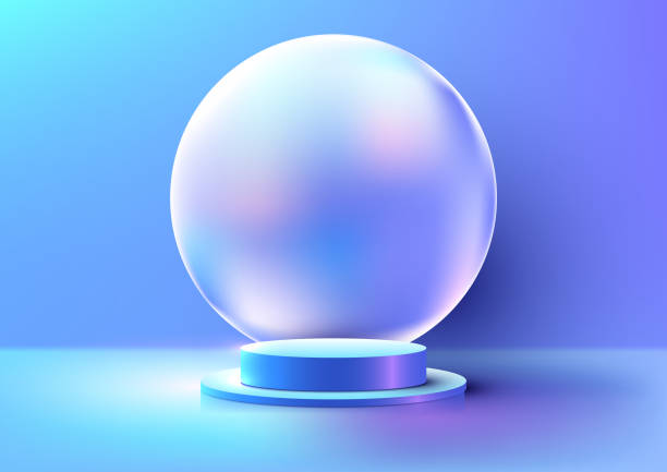 istock 3D realistic empty blue podium pedesta stand with circle holographic backdrop on blue background 1463228427