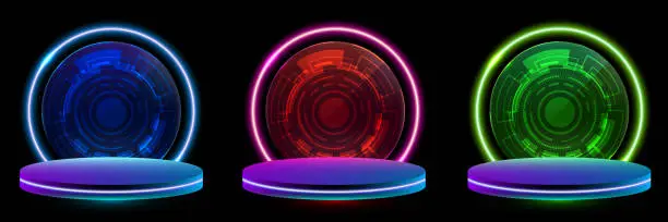 Vector illustration of Set of 3D technology digital cyberpunk podium display blue, red, green glowing neon color light circles round curve shape backdrop