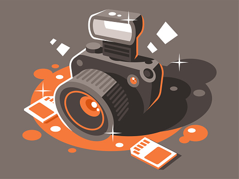 Creative vector banner with digital single-lens reflex camera. Vector illustration