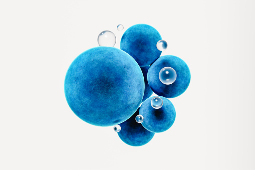 3D illustration of transparent fragile bubbles and blue velvet spheres levitating against white background