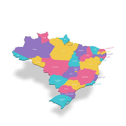 Brazil political map of administrative divisions - Federative units of Brazil. 3D colorful vector map with name labels.