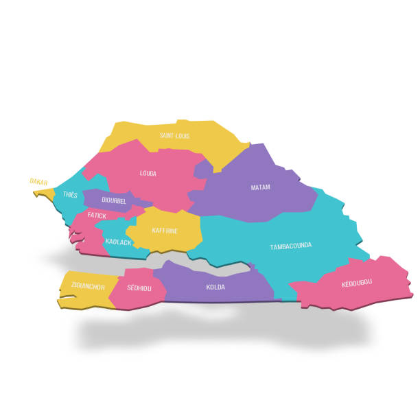 illustrazioni stock, clip art, cartoni animati e icone di tendenza di mappa politica delle divisioni amministrative del senegal - dakar region