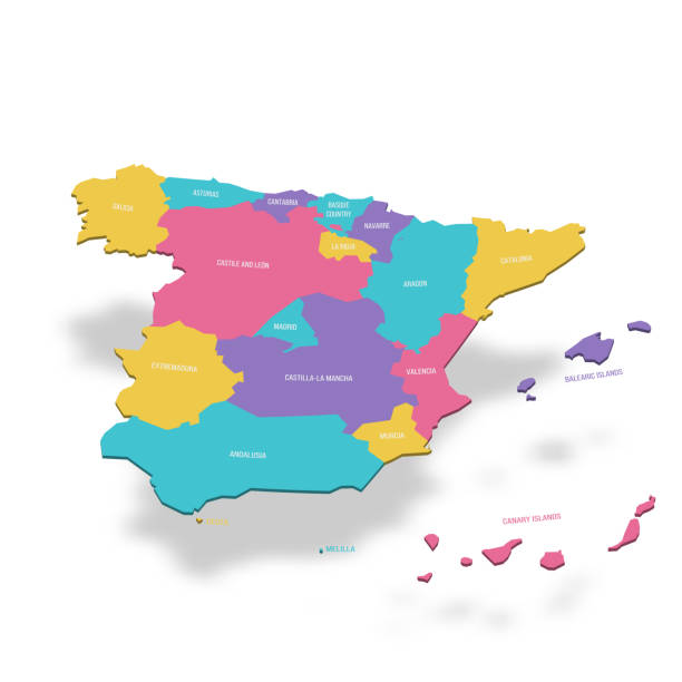 Spain political map of administrative divisions Spain political map of administrative divisions - autonomous communities and autonomous cities of Ceuta and Melilla. 3D colorful vector map with name labels. ceuta map stock illustrations